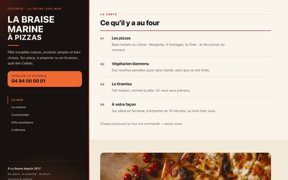 Aperçu du site de démonstration La Braise Marine, entreprise fictive : haut de page, titre et bouton d'appel